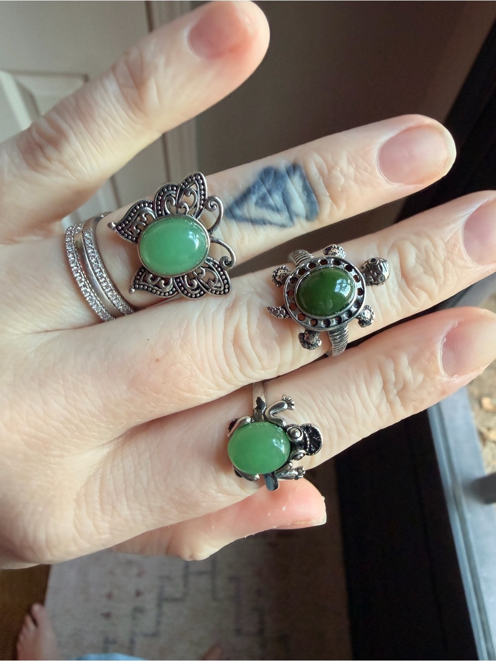 Silver Butterfly Ring with Green Stone - Adjustable - Picture 3 of 3